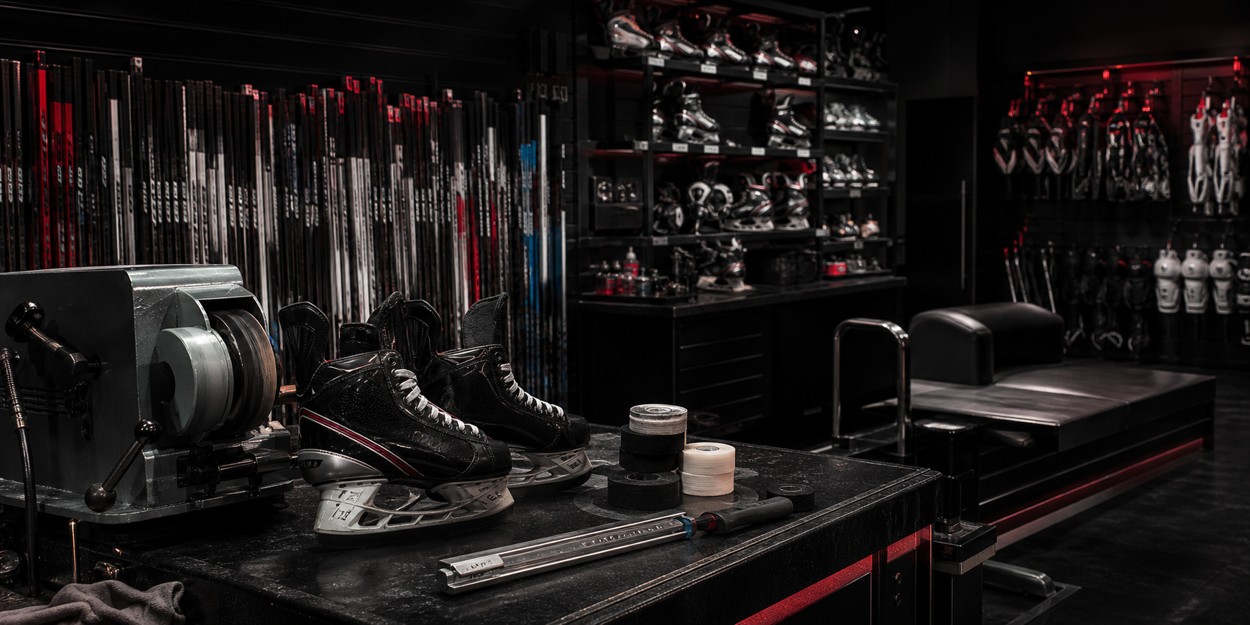 Generated placeholder visual of a dark premium hockey pro shop counter with skates and sharpening equipment.